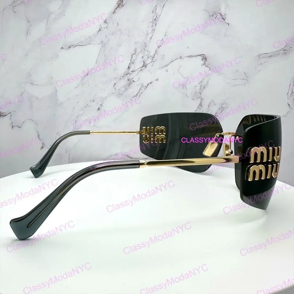 New MIU MIU Sunglasses Gold Rimless Wrap Square Oversized MIU MIU Logo Italy